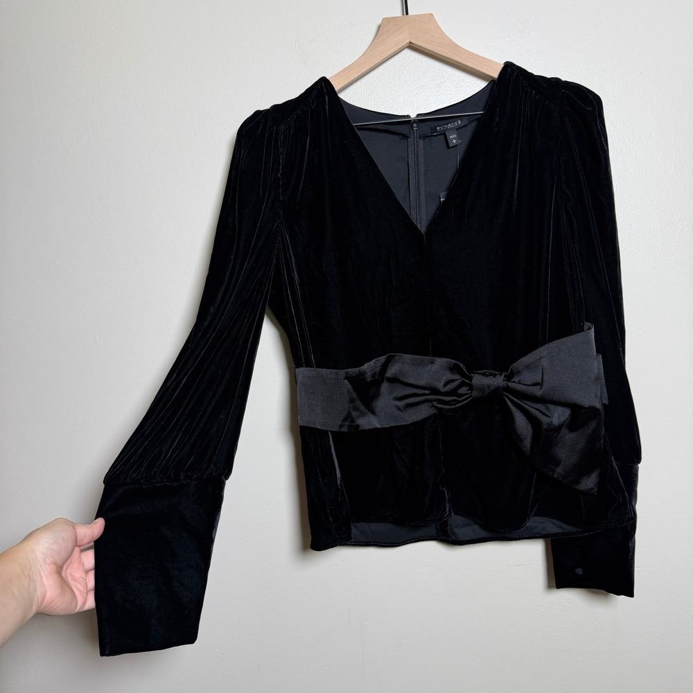 Express Black Velvet V-Neck Blouse Satin Bow Waist‎ Long Sleeve Top Large